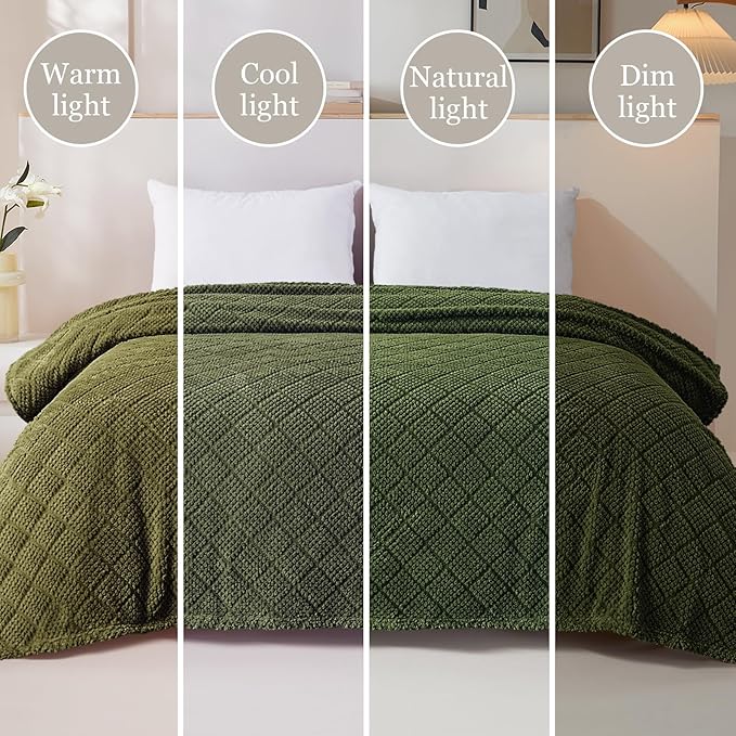 Whale Flotilla Fuzzy Fleece Queen Size Blanket for Bed, Soft Fluffy Jacquard Waffle Blankets for All Season, Lightweight and Warm, 90x90 Inch, Olive
