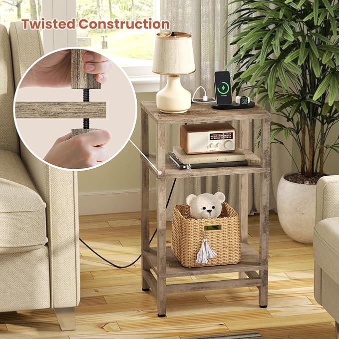 3 Tier Tall Side Table with Fast Charging Station, Narrow End Table for Small Space, Skinny Nightstand with Type C and USB Port, End Tables for Living Room, Bedroom, Office, Greige