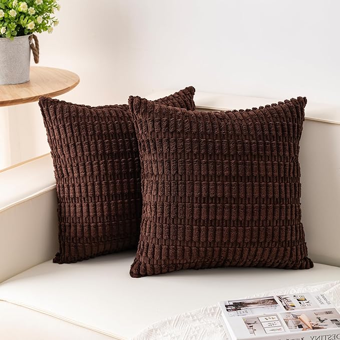 Aegero Pack of 2 Corduroy Decorative Throw Pillow Covers 16x16 Inch Soft Striped Pillow Covers Modern Farmhouse Home Decor for Sofa Living Room Couch Bed（Dark Brown）