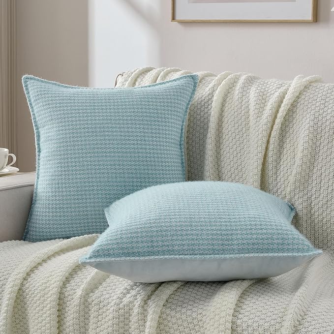 FUTEI Light Blue Decorative Throw Pillow Covers 18x18 Inch Set of 2,Soft Houndstooth Gingham Textured Cushion Case,Modern Home Decor for Couch Bed Living Room