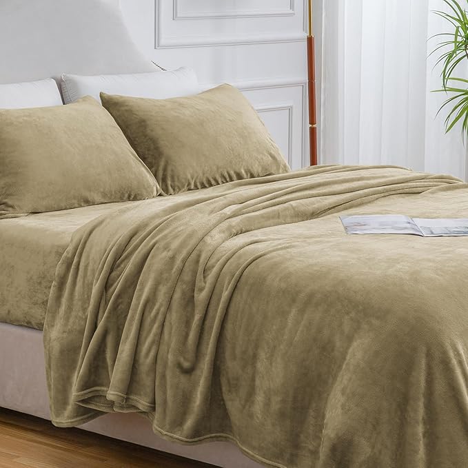 BEDELITE Flannel Sheets Full Size Camel - Super Soft Fleece Sheets Set Fluffy Extra Plush, 4 Piece(Include Fitted Sheet, Flat Sheet, 2 Pillowcases)