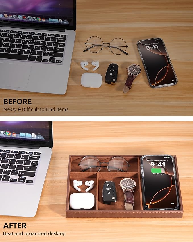 Valet Tray with Wireless Charger, Nightstand Organizer for Men, EDC Catchall Tray for Keys, Watch, Wallet, Jewellery, Premium Vegan Leather, Bedside Caddy, Stylish and Organized, Brown