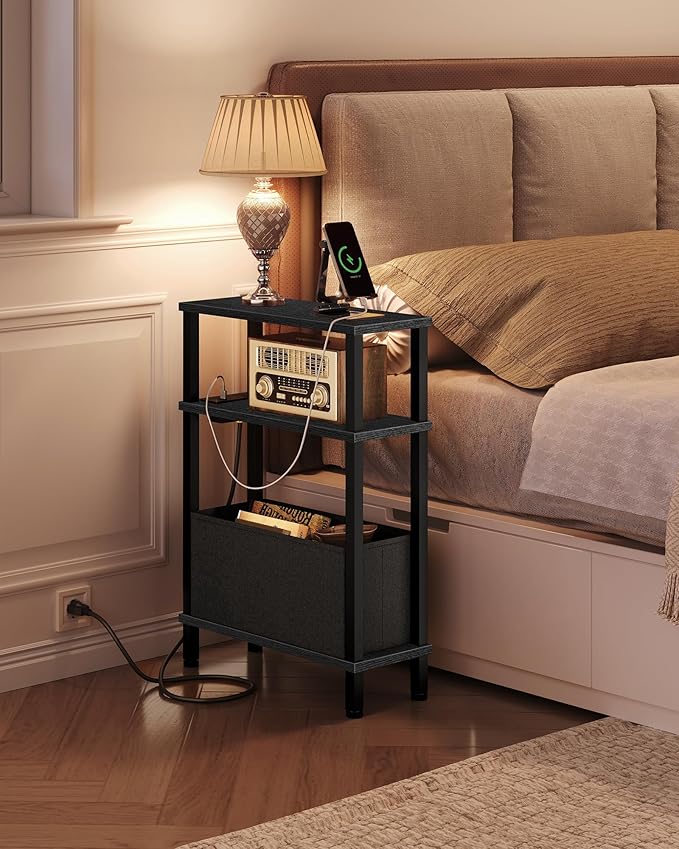 Set of 2 End Tables with Charging Station, Narrow Side Table for Small Spaces, Slim Nightstand with Basket, Skinny Bedside Table, for Living Room, Bedroom, Black TBZ07UP2BBN1