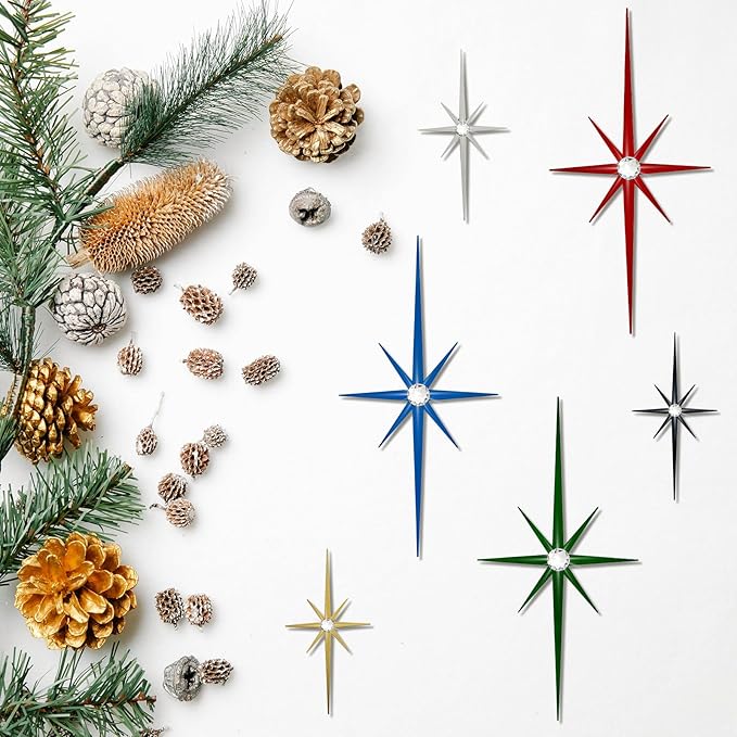 sxnzequnze 4 Pack Metal Star Wall Art 8 Pointed Starburst Wall Decor Set with 2 Large & 2 Small Pieces Mid Century Celestial Metal Wall Sculpture for Bedroom Living Room Office Gallery Wall