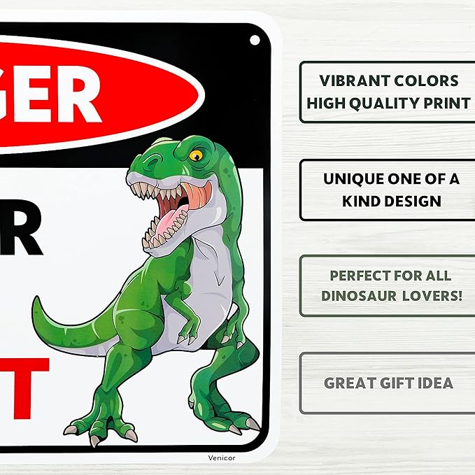 Venicor Dinosaur Sign - 8 x 12 Inches - Aluminum - Dinosaur Room Decor for Boys - Dinosaur Decor Boys Room - T Rex Dinosaur Bedroom Decor for Boys Kids Decorations Lover Gifts Wall Art Poster Stuff