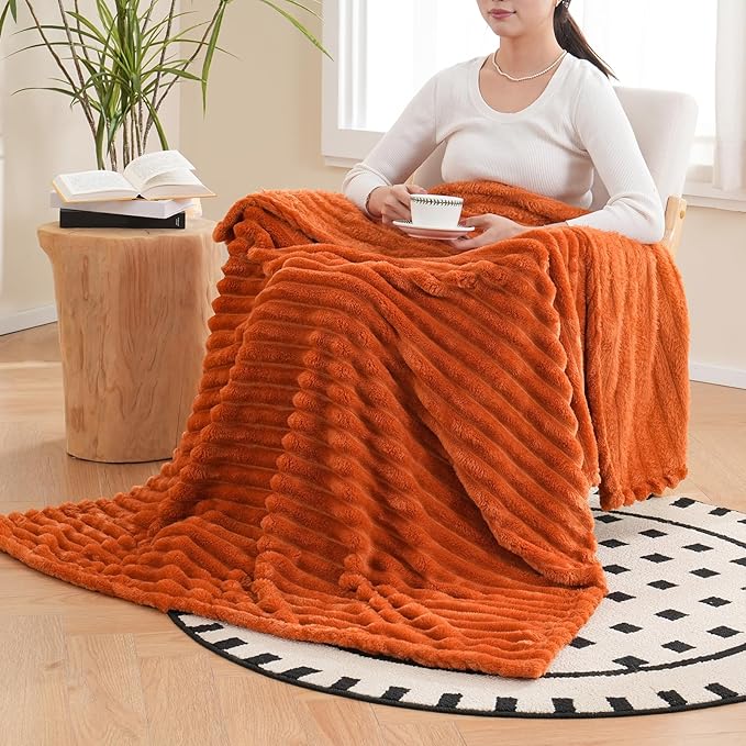 Vessia Flannel Fleece Throw Blanket for Couch,Sofa,Bed, 300GSM Striped Orange Throw Blanket for Adults and Kids, Super Soft Warm Cozy Lightweight Home Decor for All-Season(50x70inch)