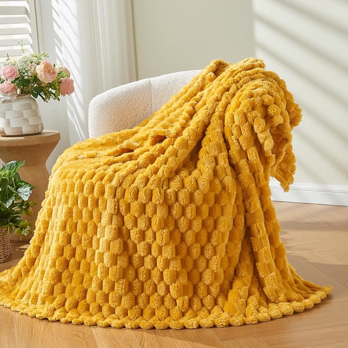 NEWCOSPLAY Super Soft Throw Blanket Mustard Yellow Premium Silky Flannel Fleece 3D Clouds Stylish Jacquard Lightweight Bed Blanket All Season Use 350GSM (Mustard Yellow, Throw(50"x60"))