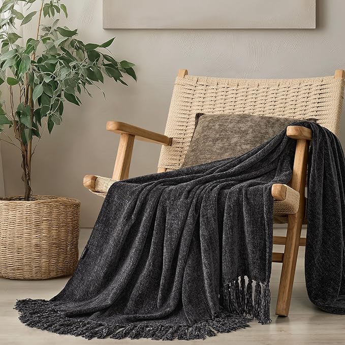 EverGrace Soft Chenille Throw Blanket for Couch, Cozy Plush Fuzzy Decorative Chenille Knit Throw Blanket with Tassels, Lightweight Blanket and Throws for Bed Sofa Gift Home Decor, Iron Black 60"x80"