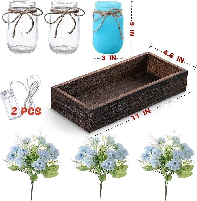LUEUR Mason Jar Lights Centerpiece with Farmhouse Wood Tray – 3 Jars with Blue Hydrangea Spring Flowers, Rustic Spring & Wedding Decoration for Dining Table, Coffee Table, Kitchen & Living Room