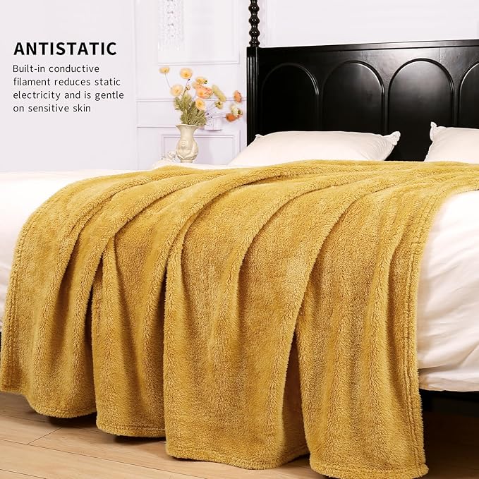 Plush Fleece Throw Blanket for Couch and Bed, Fluffy Fuzzy Cozy Queen-Size Soft Blankets All Season Use (60x80 Inches,Misted Yellow)