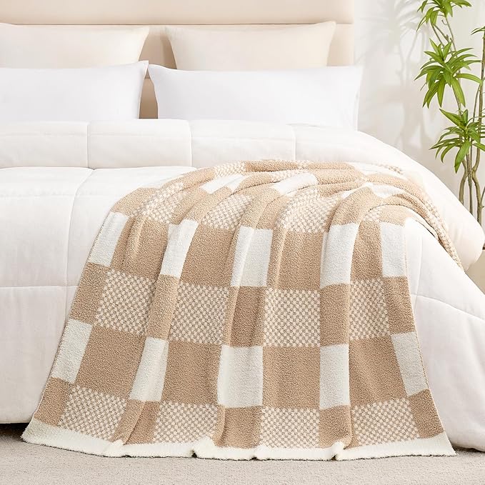 Snuggle Sac Checkered Blanket, Beige Throw Blanket for Couch Plaid Microfiber Fluffy Warm Cozy Soft Oversized Throw XL Reversible Checkerered Blankets for Sofa, Chair, Bed, 50x70 inches