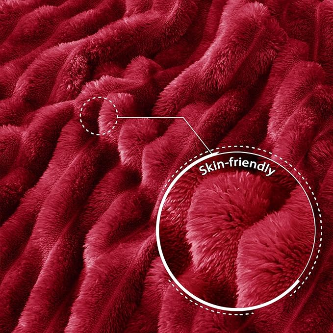 Exclusivo Mezcla Queen Size Flannel Fleece Blanket, Super Soft Striped Jacquard Bed Blanket, Lightweight Fuzzy Cozy for All Seasons, 90x90 Inches, Deep Red