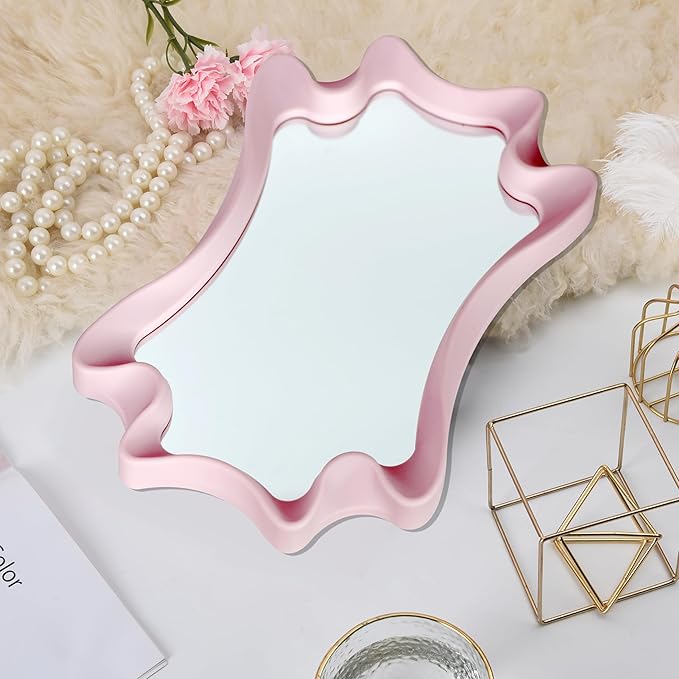 Funerom 15.8 x 11.8 inch Irregular wall Mirror Small wall Mirror Wavy Mirror Pink