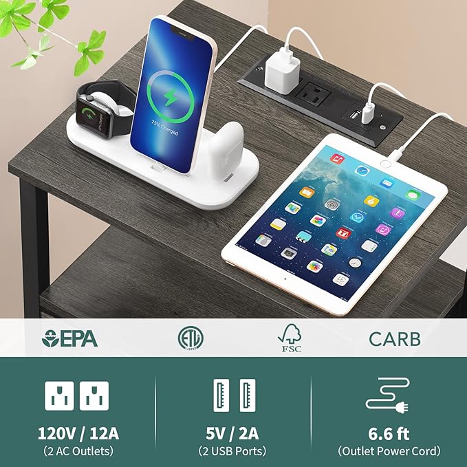 Yoobure Grey Night Stand with Charging Station, LED Nightstand for Bedroom, Bedside Tables with Adjustable Fabric Drawer, 3-Tier End Table Living Room, Small Side Table with Storage