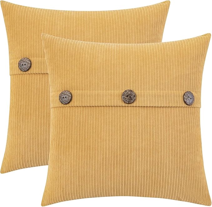 HWY 50 Mustard Yellow Chenille Throw Pillow Covers 18x18 Inch with Triple Buttons, Soft Farmhouse Accent Decorative Cushion Cases for Couch Sofa Bed Living Room Pack of 2