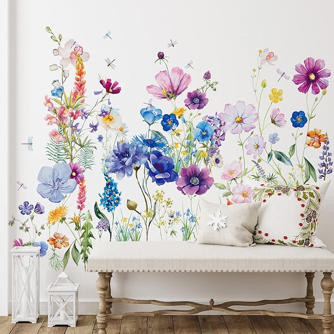 Zonon 6 Pcs Flowers Wall Decals Stickers Vinyl Removable Peel and Stick Colorful Dragonflies Floral Wall Murals Decor for Bedroom Living Room Nursery(Beautiful)