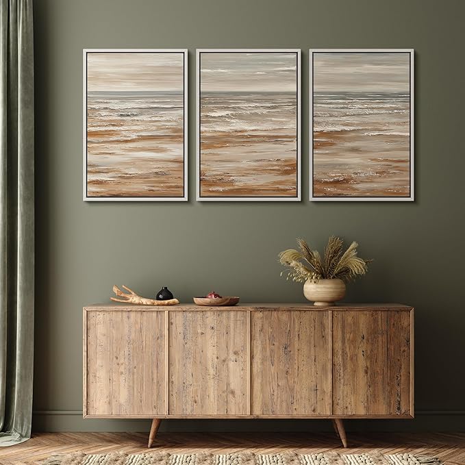 MUDECOR Framed Wall Art Print Set Neutral Coastal Seascape Minimalist Ocean Waves and Sandy Shore Illustrations Modern Art Boho Decorative for Living Room, Bedroom, Office - 24"x36"x3 WHITE