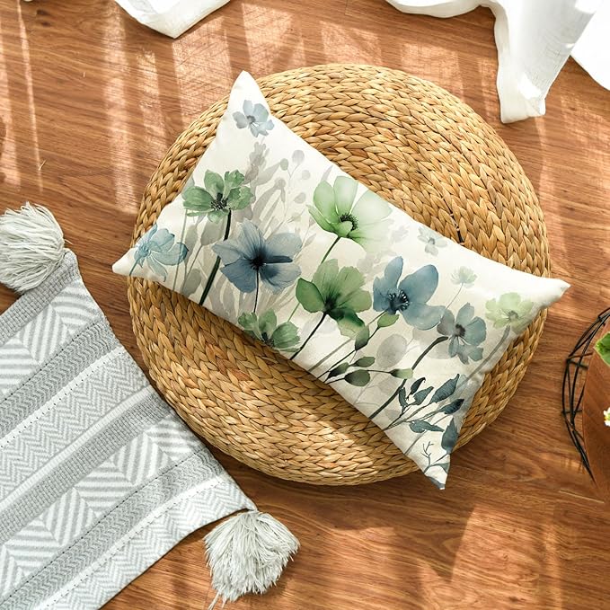 AVOIN colorlife Poppy Flowers Chinoiserie Fall Throw Pillow Cover, 12 x 20 Inch Blue Sage Green Seasonal Leaves Cushion Case Decoration for Sofa Couch Farmhouse