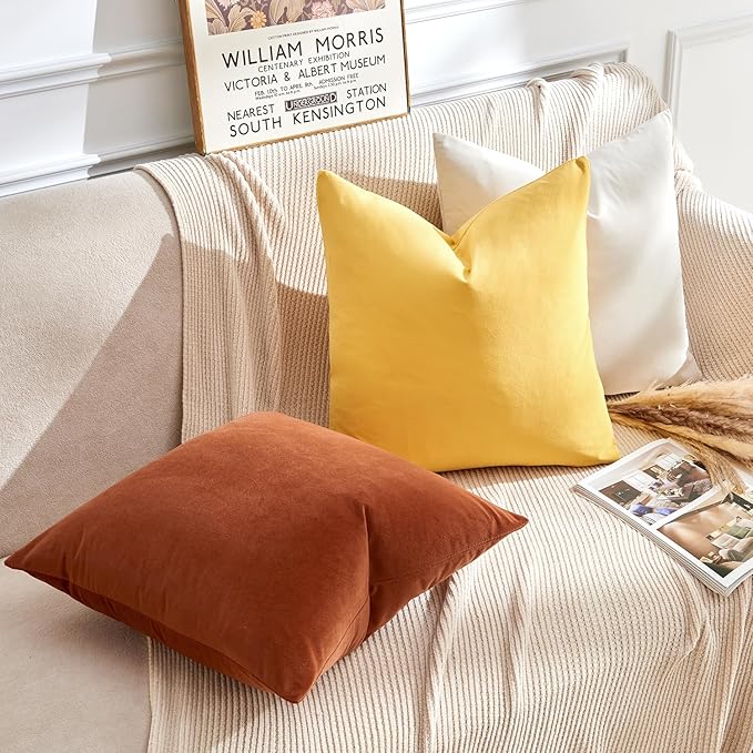 Throw Pillow Covers Yellow Set of 2 20x20 Inch Pillow Covers, Soft Velvet Fall Decorative Cases for Couch Sofa Bed, Home Boho Decor, Modern Farmhouse Cushion Covers