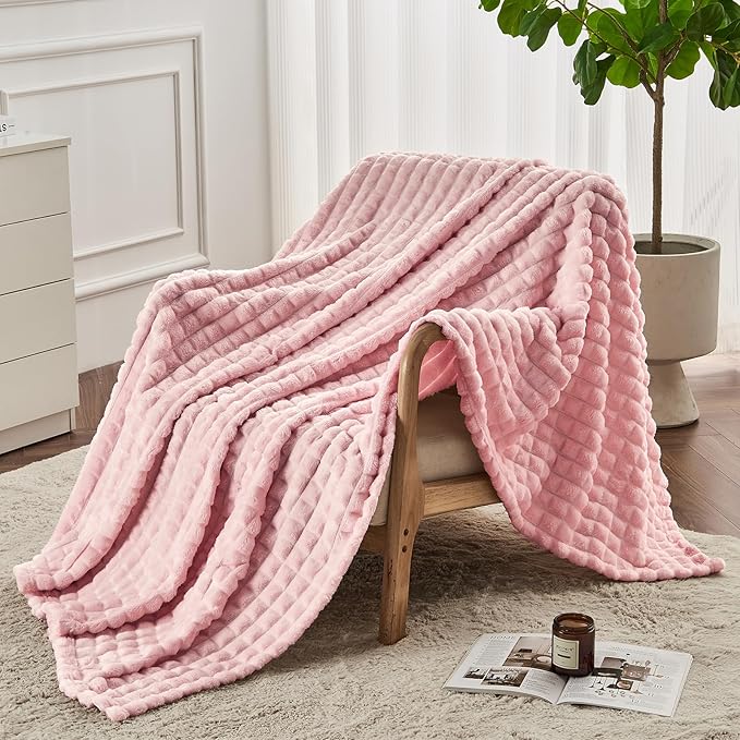 FY FIBER HOUSE Bed Blanket for Couch Soft Warm Fuzzy Queen Size Blankets for Sofa All Season Use, 90x90 Inches, Pink
