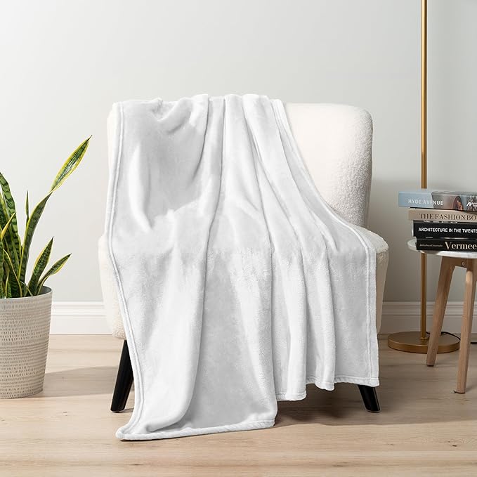 PAVILIA White Fleece Throw Blanket for Couch, Soft Fuzzy Flannel Throw for Sofa, Luxury Plush Microfiber Bed Blanket, Cozy Home Decorative Velvet Gift Blanket, 50x60