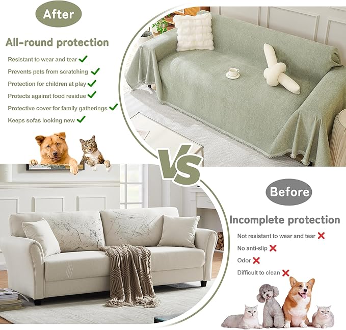 HANDONTIME Sage Green Sofa Cover, Soft Chenille Couch Slipcover with Tassels, Washable Sofa Protector for Pets & Kids, Pet Couch Cover Fit 3 Cushion Couch, Loveseat Cover Breathable Durable, 91"x150"