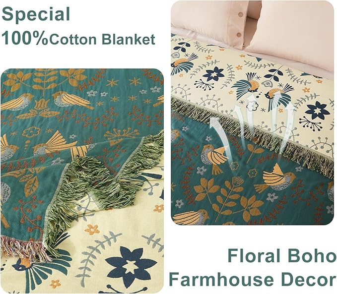 Boho Throw Blanket - 100% Cotton Soft Throw Blanket for Bed, 60"x80" Reversible Breathable Lightweight Spring Blankets, All Seasons Farmhouse Decor Floral Plant Throw Quilt