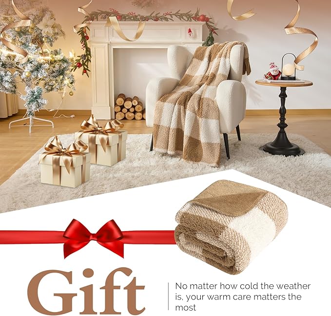 LURKA Checkered Sherpa Fleece Throw Blanket – Soft and Cozy, Medium Weight for All Season, Plush Throw for Couch, Bed, Dorm & Pets, Brown, 60x80 Inches