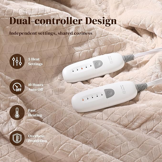 Heated Blanket King Size 90"x100" Electric Blanket King with Dual Control 5 Heat Settings, 10H Auto Off, FCC/ETL Certified, Wheat Pattern Flannel, Grandma, Machine Washable, Beige