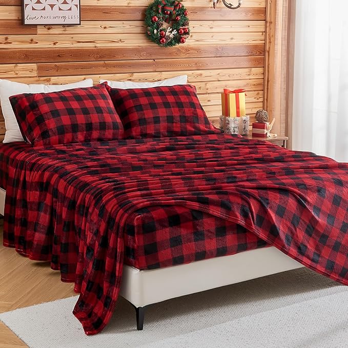 BEDELITE Flannel Sheets Queen Size Bed Set, Luxury Red and Black Plaid Christmas Bedding Set, Super Soft & Warm Fuzzy Fleece Sheets 4 Piece(Include Fitted Sheet, Flat Sheet, 2 Pillowcases)