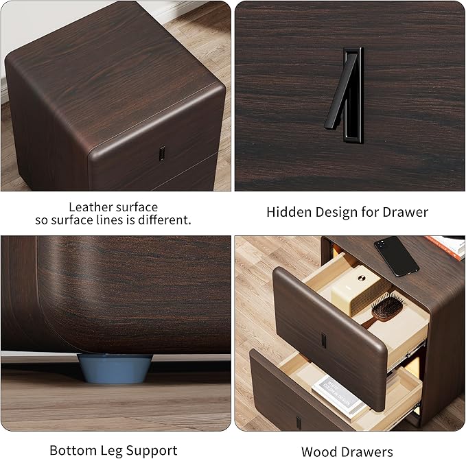 VICITON Narrow Nightstand with Drawers, Faux Leather Bedside Table, Solid Wood Drawer, Small Side Table for Bedroom (Leather Black Walnut, 15.7" x 15.7" x 19.7")