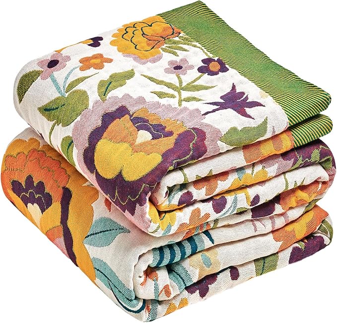 Boho Throw Blanket - 60"x80" 100% Cotton Ultra Soft Lightweight Blanket, 4-Layer Breathable Muslin Spring Blankets for Bed Couch, Reversible Green Floral Bird Printed Bohemian Cotton Quilt