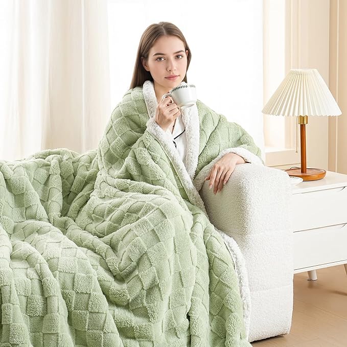 Sherpa Throw Blanket for Couch, Flannel Cozy Soft Thick Blanket for Bed - Fleece, Sage Green, 60x80 Inches