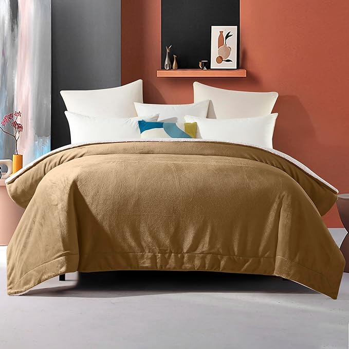 Elegant Comfort Ultra Soft Reversible Flannel Sherpa Blanket - Cozy Silky Fleece Throw for Couch, Bed - Plush Fuzzy Warm Winter Blanket for Gift, Queen, Taupe