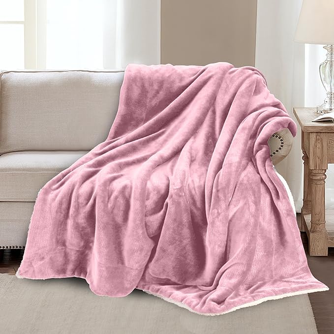 Mocassi Premium Ultra-Soft Velvet Touch Flannel Fleece Sherpa Throw - Warm Cozy Reversible Plush Micromink Throw Blanket for Couch, Bed and Sofa - Fluffy, Christmas Winter Bedding Gift, Light Pink