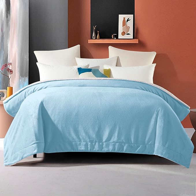 Elegant Comfort Ultra Soft Reversible Flannel Sherpa Blanket - Cozy Silky Fleece Throw for Couch, Bed - Plush Fuzzy Warm Winter Blanket for Gift, Queen, Aqua