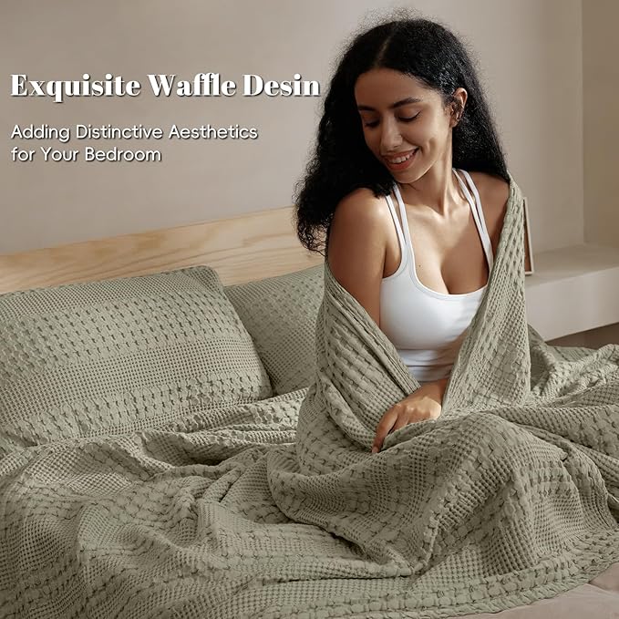 PHF 100% Cotton Waffle Weave Blanket King Size for Bed, Soft Lightweight & Breathable for Spring and Summer, All-Season Comfort, Luxury Aesthetic Blanket for Home Decor, 108"x90", Dusty Sage