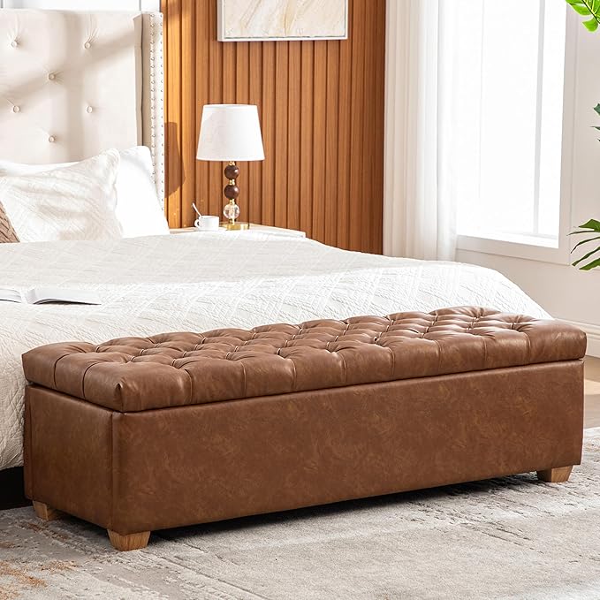 60.2" Storage Ottoman Bench for Bedroom Bed End,Brown PU Leather Bench with Seating,Button Tufted Ottomans with Storage for Living Room,Bedside,Entryway (Brown, 60.2")