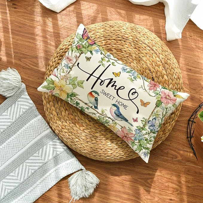 AVOIN colorlife Home Sweet Home Birds Floral Throw Pillow Cover, 12 x 20 Inch Spring Summer Flowers Cushion Case Decoration for Sofa Couch Living Room Bedroom Decor