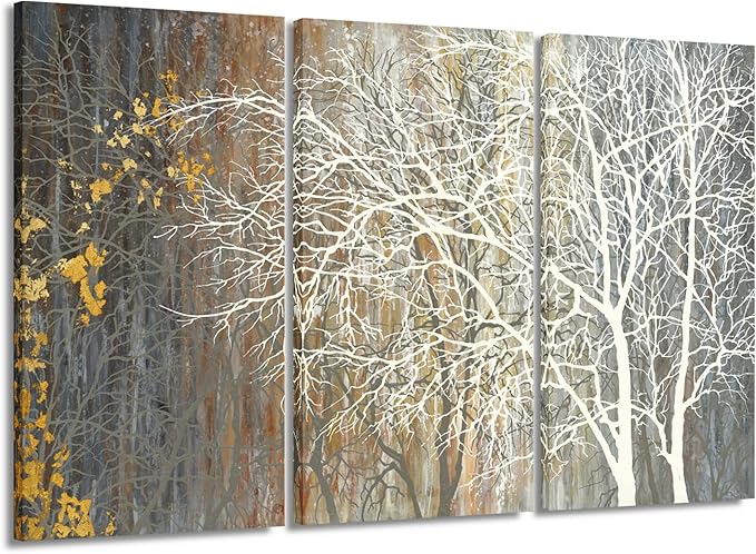 Yihui Arts Brown Canvas Wall Art - Tree Couples Paintings with Gold Foil - 3 Panels Abstract Forest Pictures for Farmhouse Bedroom Bathroom Living Room Decor