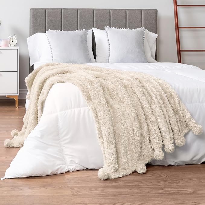 PAVILIA Cream Sherpa Throw Blanket for Couch, Warm Plush Pom Pom Blanket Throw Twin, Ivory Fuzzy Sofa Blanket Throw for Bed, Lightweight Soft Cozy Fluffy Blanket with Pom Poms, Beige, 60x80