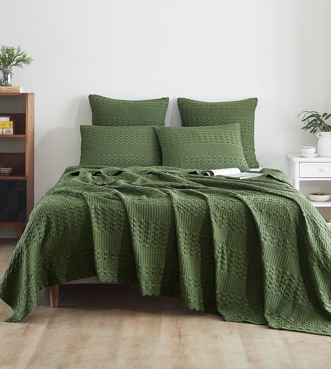 VHC Brands 100% Cotton Waffle Weave Queen Blanket 90"x90", Decorative Lightweight Spring and Summer Throw Blanket, Bedroom Decor for Bed, Couch, or Sofa, Olive Green