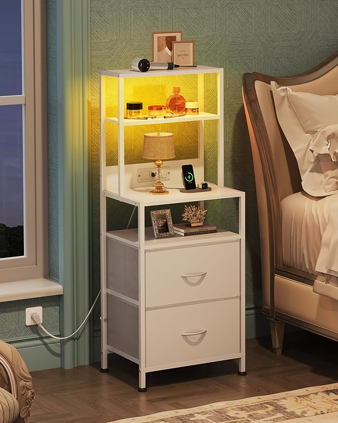 WLIVE Nightstand Set of 2 with Charging Station, LED Night Stands with 2 Fabric Drawers and 4 Storage Open Shelves, Bedside Table Sets for Bedroom, White