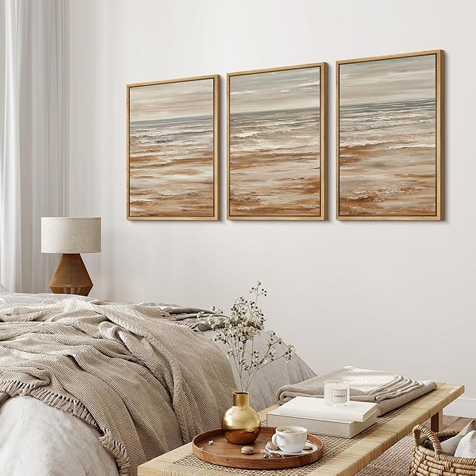 MUDECOR Framed Wall Art Print Set Neutral Coastal Seascape Minimalist Ocean Waves and Sandy Shore Illustrations Modern Art Boho Decorative for Living Room, Bedroom, Office - 24"x36"x3 NATURAL