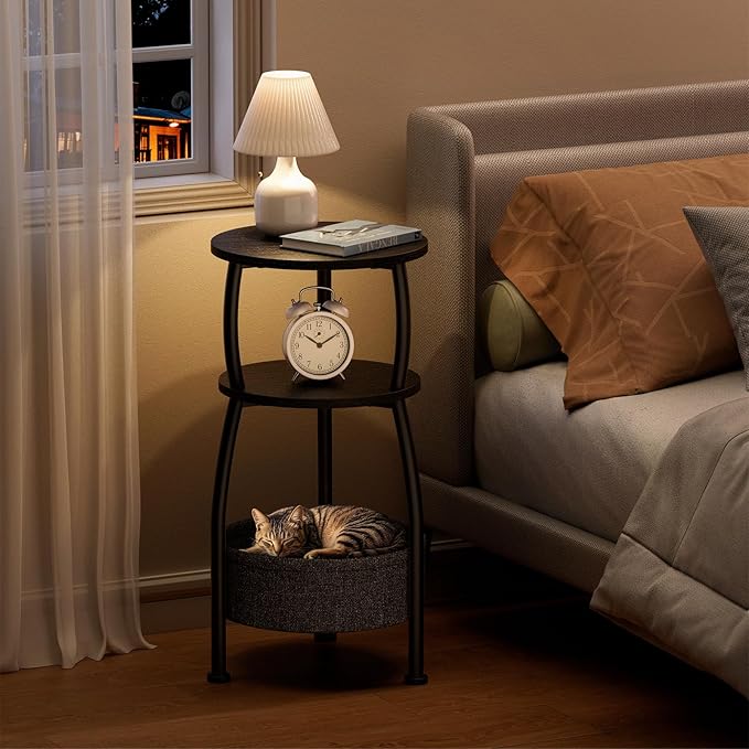 Small Round Side Table for Living Room with Storage Basket –Small Space Saving End Table 3-Tier Accent Nightstand Couch Corner Table for Sofa, Bedroom, Patio and More 24in Tall Classic Black