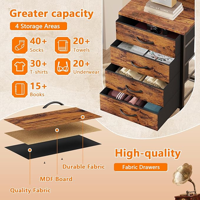 Furnulem Night Stand with Charger Station, 38'' Tall Nightstand with 4 Fabric Drawers and LED Lights, Bedside Table with Storage Shelf for Bedroom, Office, Metal Frame, Wood Shelves, Rustic Brown | 4 Fabric Drawers, LED Lights, Storage Shelf, for Bedro...