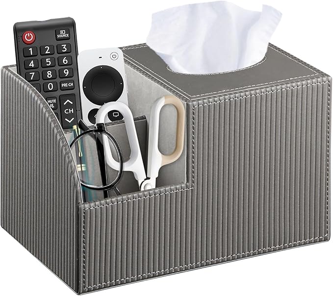 Fanousy Square Tissue Box Cover with Storage, PU Leather Cube Tissue Box Holder, Remote Control Nightstand Organizer, Modern Desk Caddy for End Table, Bathroom, Bedroom, Home, Office Decor(Grey)