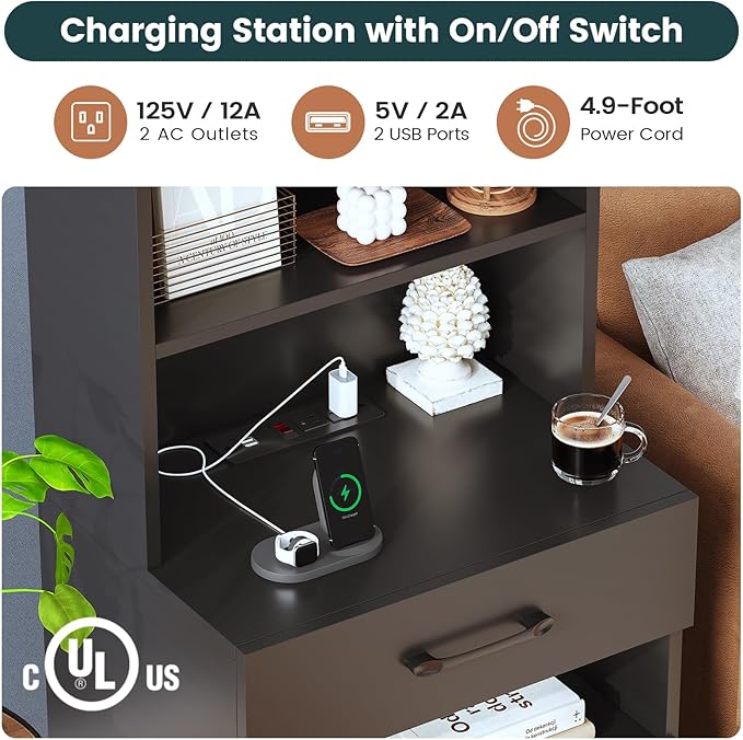 AOGLLATI Tall Nightstand with Charging Station and LED Lights, Night Stand with 3 Drawers and Storage Shelves, Bedside Table with Bookshelf, Modern End Side Table for Bedroom, Black