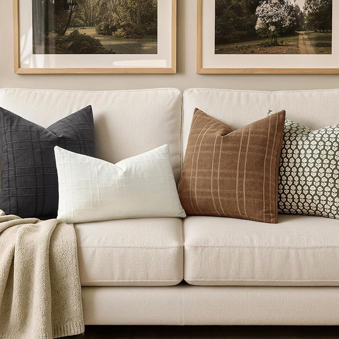 MIULEE Decorative Linen Check Euro Shams Throw Pillow Covers Neutral Farmhouse Vintage Pillow Covers 24x24 Set of 2 Boho Modern Winter Home Decor for Sofa Couch Bedroom Cushion Camel Brown
