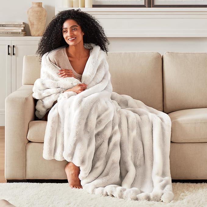 Hyde Lane Ultra Soft Plush Throw Blanket, Fuzzy Faux Rabbit Fur Throws, Luxury Cozy Fluffy Blankets for Sofa, Couch, Living Room Decor, Unique Gifts for Women, Frost Fox, 60"x80"